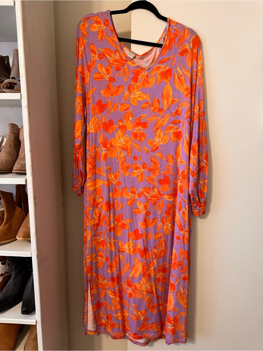 Belle by Kim Gravel Lavender Long Sleeve Dress with Orange Floral Print